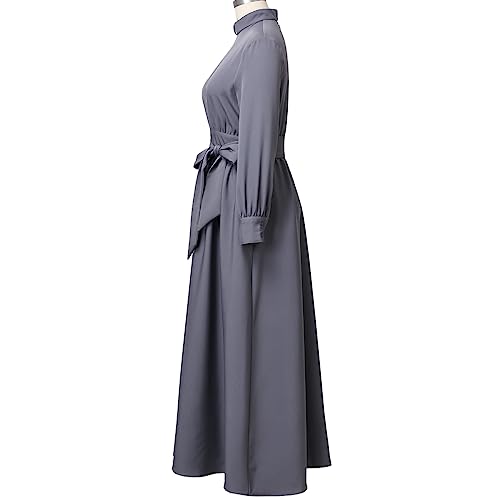 Image of CAMDOM Church Clergy Dress for Women Long Sleeve A Line Elegant Maxi Dress with Tab Insert Stand Collar and BeltA