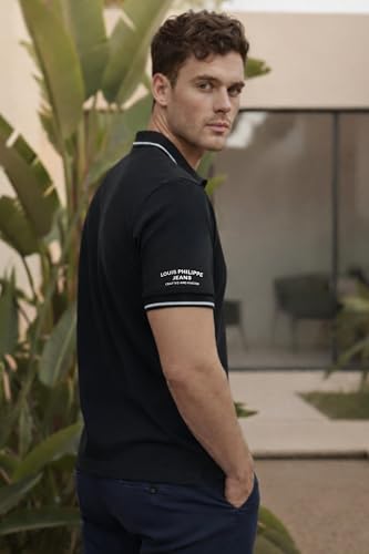 Image of Louis Philippe Men's Slim Fit Single-Tuck Pique Stylized Sleeve Print and Contrast Tipping Half Sleeve Solid Polo Tshirt