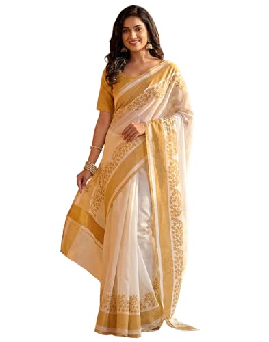 Image of SIRIL Women's Printed Cotton Linen One Minute Ready to Wear Saree With Unstitched Blouse Piece