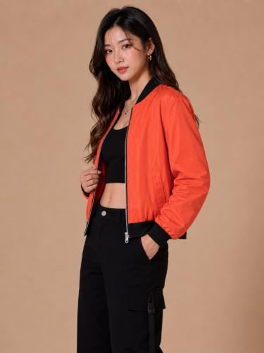 Image of Women's Bomber Jacket | Lightweight Zip-Up Casual Jacket | Full Sleeve Ribbed Collar Solid Jacket with Pockets | Stylish Outdoor Windcheater