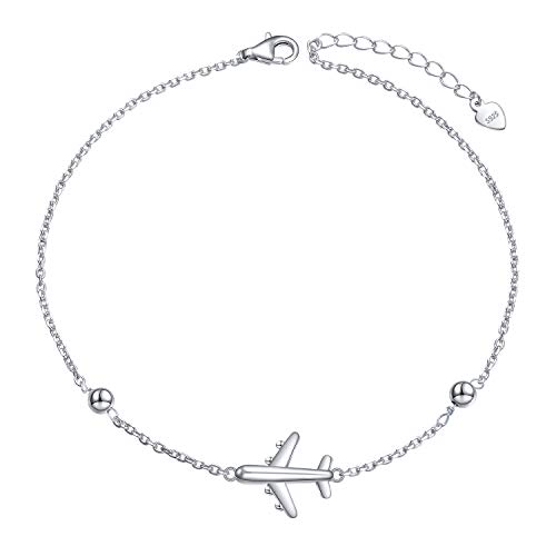 Airplane Anklet for Women S925 Sterling Silver Adjustable 9 10 inches Foot Beaded Charm Ankle Bracelet Girls Anklets Jewelry (Anklet)
