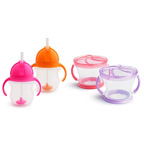 Image of Munchkin® Happy Snacker Snack Catcher and Toddler Weighted Straw Sippy Cup Set, 4 Count, Pink/Purple/Orange
