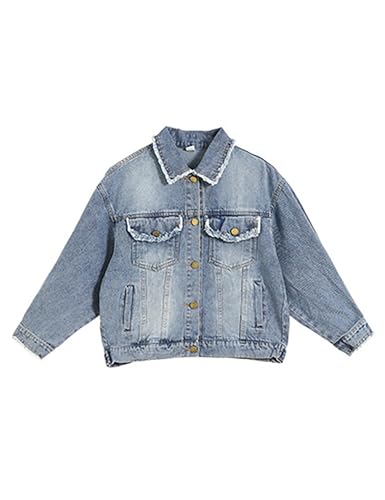 5-14Years Kids Denim Outerwear Jacket Girls Cropped Denim Jacket Long Sleeve Jacket Loose Collared Jeans Jacket