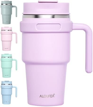 ALOUFEA 20 oz Insulated Coffee Mug Tumbler with Handle, Stainless Steel Travel Mug Tumbler with Lid and Straw,Double Wall Vacuum Leak Proof Ice Coffee Thermal Cup,Lavender