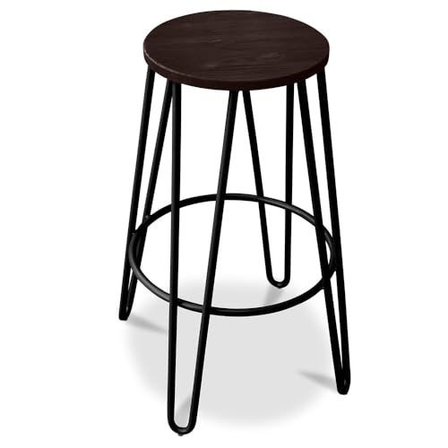 Iconik Interior Hairpin Style Taburete Redondo - Diseño Industrial - Madera y Metal - 74cm - Horquilla negra
