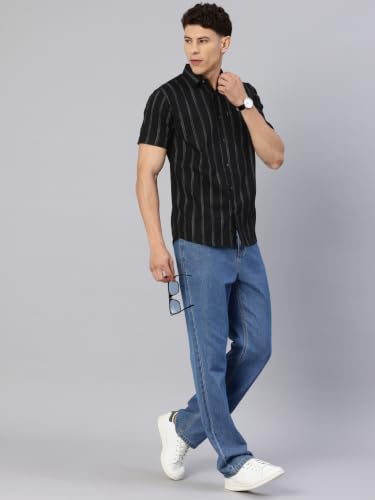 Image of Majestic Man Men's Pure Cotton Striped Half Sleeve Slim Fit Casual Shirt for Men