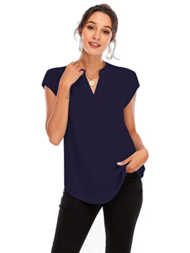 Famulily Womens Split V Neck Cap Sleeve Tops Frill Trim Elegant Work Office Blouse Shirts3