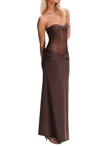 Image of Women's Maxi Dress Removable Spaghetti Straps Knotted Twist Sweetheart See Through Night Club Party Cocktail Bodycon Dress