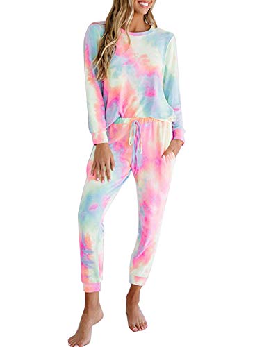 ROSKIKI Womens 2 Piece Sweatsuit Outfits Lounge Pajamas Set Tie Dye Printed Long Sleeve Pullover Shirt with Long Pants Pink Medium