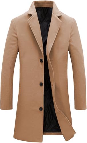 Springrain Men's Wool Blend Pea Coat Notched Collar Single Breasted Overcoat Warm Winter Trench Coat(Khaki-M)