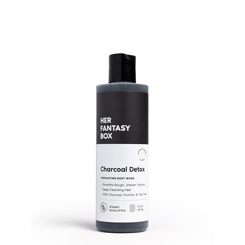 Her Fantasy Box | Charcoal Detox Exfoliating Body Wash – Activated Charcoal & Pumice Deep Cleanser with Tea Tree & Eucalyptus, Refreshing Exfoliation for Smoother Skin, Vegan & pH Balanced (8 oz)