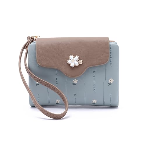 WishLotus Women Wallet, Cute Womens Credit Card Wallet with Wrist Strap Small Zipper Wallet, Soft Coin Purse for Dating Traveling (Blue)