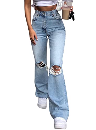 yoeasy Women Ripped Flare Jeans Pants Casual Stretch Destroyed Distressed Bell Bottom Denim Pants