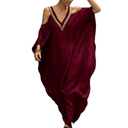 Bsubseach Turkish Cold Shoulder Kaftan Dresses Swimsuit Cover Up Maxi Dress Beach Cover Ups C-wine Red