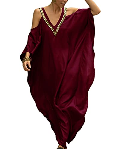 Bsubseach Turkish Cold Shoulder Kaftan Dresses Swimsuit Cover Up Maxi Dress Beach Cover Ups Wine Red