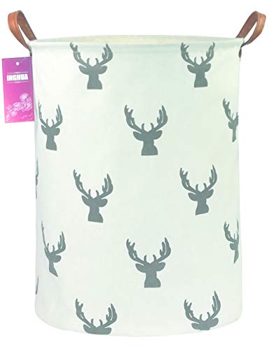 Image of Laundry Hamper Large Canvas Fabric Storage Basket Grey deer | Organizer Bin Dirty Clothes Collapsible Waterproof for College Dorms, Boys and Girls Bedroom,Bathroom
