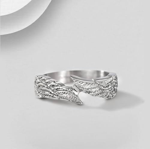 TIGRADE Antique Stainless Steel Ring Feather Angel Wing Cast Black Silver Band Size 4.5-14.5