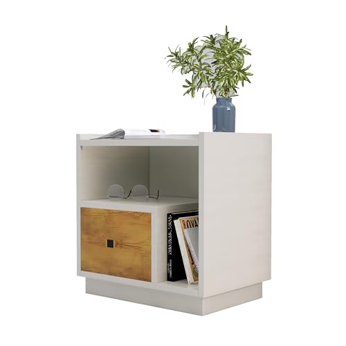 Image of Bniture Bed Side Table for Bedroom 1-Drawer, Bookcase Nightstand Side End Table for Bedside Table, Small Side Table, Side Table for Bedroom, with Metal Legs (Frosty White & Giant Wood)