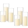 Shihanee Set of 6 Pillar Candles with Glass Cylinder Vases Clear Cylinder Hurricane Candleholders for Slim Tall Pillar Candles Wedding Thanksgiving Day Centerpieces(2.6” X 4.7”, 5.9”, 7.9”,Ivory)
