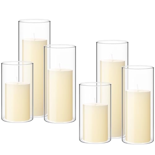 Shihanee Set of 6 Pillar Candles with Glass Cylinder Vases Clear Cylinder Hurricane Candleholders for Slim Tall Pillar Candles Wedding Thanksgiving Day Centerpieces(2.6” X 4.7”, 5.9”, 7.9”,Ivory)