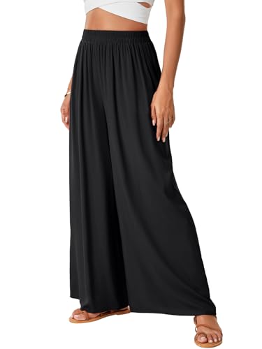 Rooscier Women's Wide Leg Elastic High Waist Flowy Lounge Trousers Maxi Pants with Pockets3