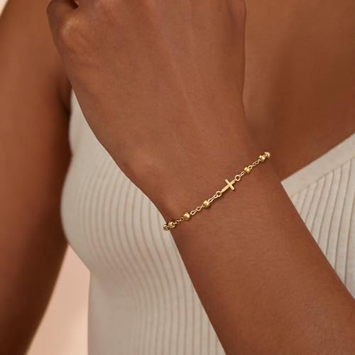 Gold Cross Bracelets for Women Trendy, Dainty 14K Gold Plated Rosary Bead Bracelet Gold Small Cross Bracelet Cute Adjustable Jewelry Christian Gifts for Women2
