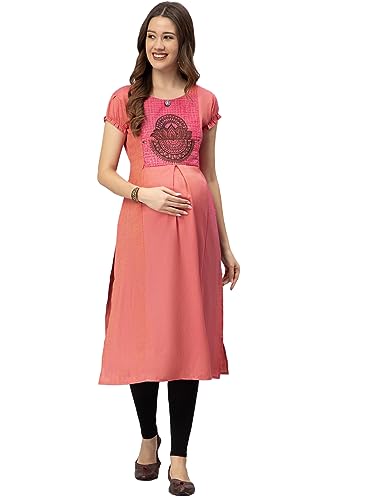Image of CEE 18 Women's Cotton Rayon Straight Maternity Feeding Kurti for Feeding with Zippers(9653 46,Peppy Pink,3XL)