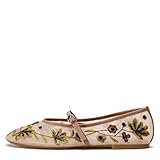 MRKEWUNEY Mesh Ballet Flats for Women Embroidered Floral Round Toe Mary Jane Flats Comfortable Ballerina Flats with Strap Apricot Size 35