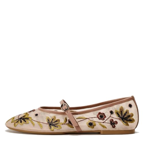 Image of MRKEWUNEY Mesh Ballet Flats for Women Embroidered Floral Round Toe Mary Jane