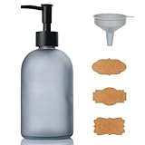 Seifenspender Grau, Seifenspender aus mattem Glas, nachfüllbarer Pumpseifenspender 410ml mit Trichter und Etikett, für Handseifen, Hand- und Körperlotionen, Shampoos, Waschmittel