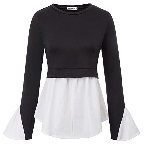 GRACE KARIN Femme Sweat Shirt Manche Longue Col Ronde Casual Travail Mode Slim Chemisier a Volants Tops Hauts Noir 2XL CL2029-1