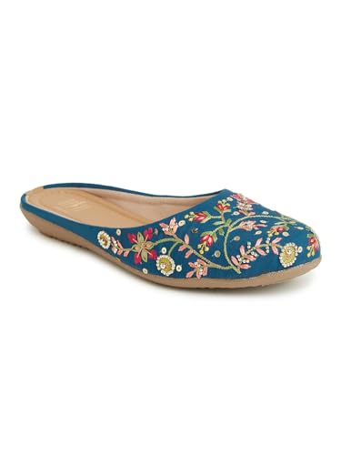 Image of OPIVE's Mehandi Women's Mojari Jutti Ethnic Punjabi Juttis Traditional Flat Embroidered Canvas Fancy Bellies Comfortable Sole for Womens & Girls