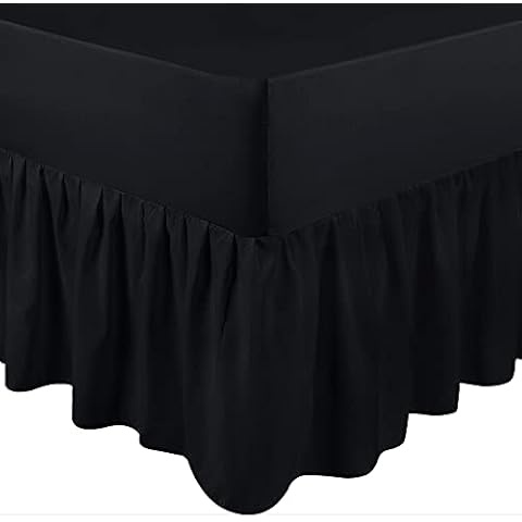 4FT Fitted Sheet Black with Frill 40 cm 16" Valance Plain Black Dyed Solid Colour Easy Care Hotel Quality Percale Bedding Sizes (Black - 4FT Small/Double) Cover