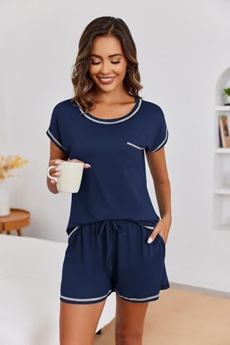 Image of Ekouaer Womens Pajama Sets 2 Piece Soft Short Sleeve Top and Shorts Sleepwear Round Neck Pjs Lounge Set with Pockets