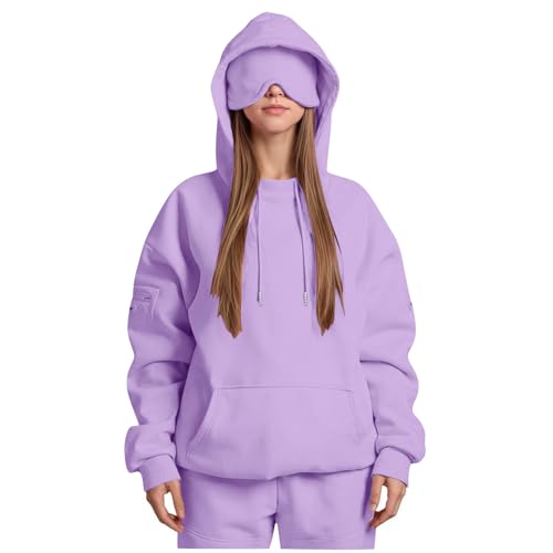 Travel Hoodie with Eye Mask Built In, Comfort Hoodies Airplane Mode Wearable Blanket Sweatshirts for Adult Women Men Purple Comfort Hoodies with Eye Mask M