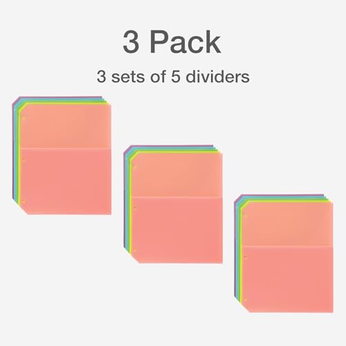 Oxford Poly Binder Dividers, Double Pocket, 3 Hole Punch Organizers, Pastel Colors, 5 Untabbed Non-Stick Organizers, Pack of 3 Index Dividers (59801)