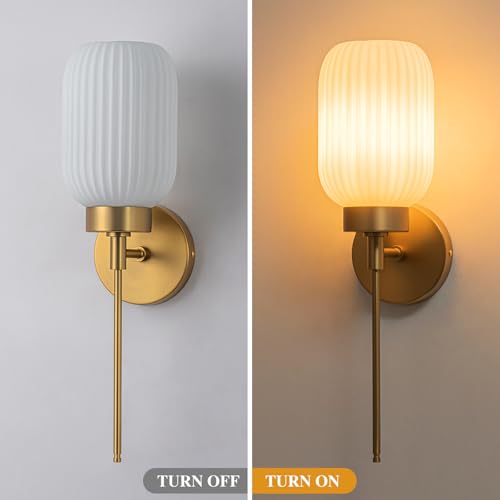 Image of Gold Bathroom Wall Sconce, 1-Light Single Bathroom Vanity Light, Modern Brass Wall Sconce with Frosted Milk White Striped Glass Shade for Bedroom Hallway Entrance