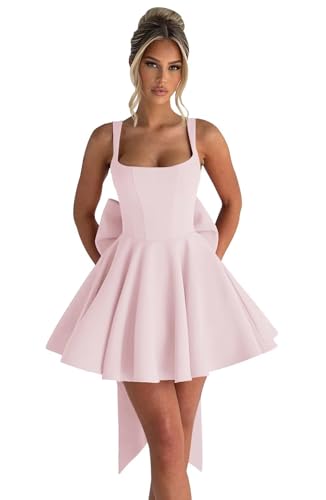Image of Basgute Satin Short Homecoming Dresses with Bow Corset HOCO Dress A Line Mini Formal Prom Graduation Gown