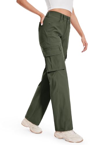 La Mejor Recopilación de Ropa de Acampada y marcha para Mujer , listamos los 10 mejores. 49 Moosehill - Pantalones de senderismo para mujer, cintura alta, resistencia al agua, holgados, elásticos, tácticos, informales, viajes, ropa de calle, Verde militar, 26