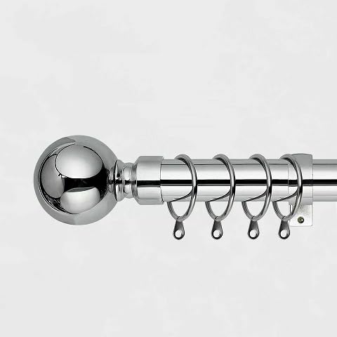 Extendable 25-28mm Metal Curtain Pole Set With Plain Ball Finials Rings Brackets (Polished Chrome, 180-340cm)