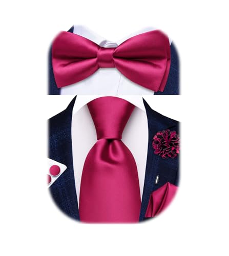 Image of Hi-Tie 5Pcs Mens Solid Color Silk Tie Satin Pretied Bowtie Lapel Pin for Men Handkerchief Cufflink Wedding Gift Box