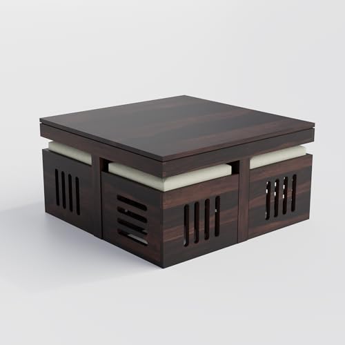Image of Solid Sheesham Wood Coffee Table with 4 Stools | Square Centre Table with Stool | Dark Walnut, Pre Assembled