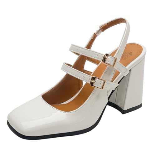 Escarpins femme talon bloc bout carré Lizoleor robe classique vernis blanc chic