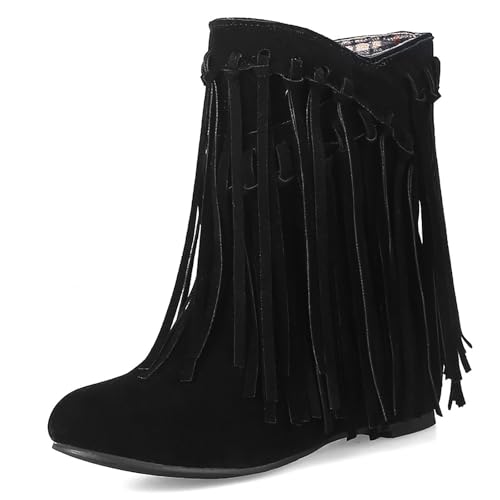 Women's Suede Tassel Fringe Flat Ankle Boots Sexy Pointed Toe Warm Fur Lining Pull-on Low Heel Internal Height Increase Moccasin Booties Fall Winter Outdoor Dress Mid Calf Boots