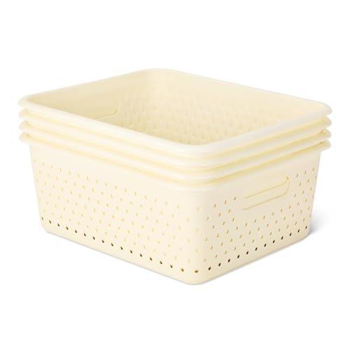 Amazon Basics Decorative BPA-Free Plastic Storage Baskets 13.66 x 11.34 x 5.39 Ivory Pack of 4