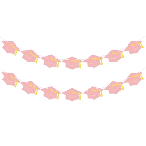 Graduation Banner Decorations – Pink Glitter Graduation Cap Garland with Mortarboard Cutouts for Graduation Party, Class of 2026 Decorations