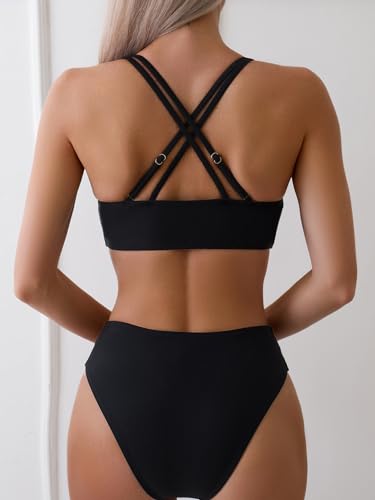 Image of Fanuerg Women's Sexy V Neck Bikini Sets Hollow Out Two Piece Swimsuits Cutout Mid Waist Bathing Suit