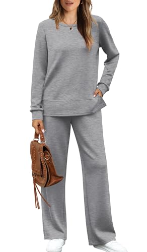 WIHOLL Sweatsuits for Women Long Sleeve Sweat Sets Two Piece Outfits Winter Comfy Wide Leg Loungewear Women's Grey Tracksuit Casual Fall L