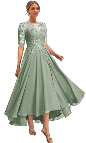 High Low Mother of The Bride Dresses for Women Tea Length Formal Dress Sparkly Lace Evening Gowns with Sleeves