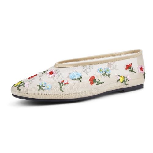 Image of Arqa Crystal-Embellished Mesh Flats Rhinestone Ballet Flat Slip On Ballerina Shoes Comfortable Casual Gauze Shoe